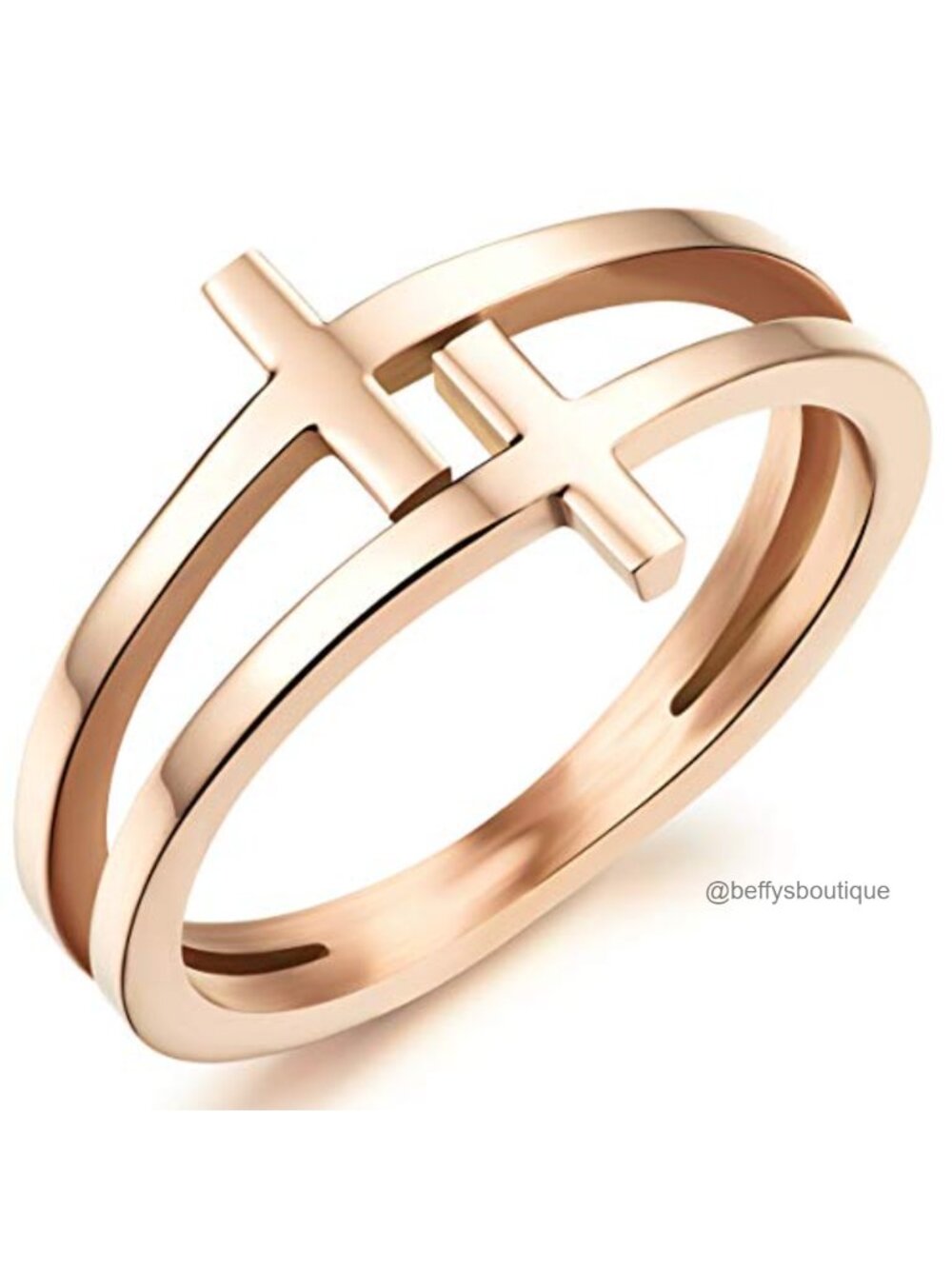 18K Rose Gold Stainless Steel Double Cross Ring Christian Wedding Band
